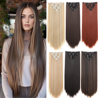 Extension de Cheveux Synthétiques Longs et Lisses à Clips, Postiches Noires et Brunes pour Femmes, 22 Pouces, 16 Clips, 7 Pièces/Ensemble 1